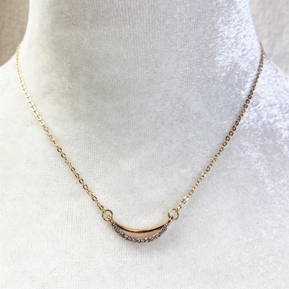 Dainty Gold tone Half Moon Rhinestone Necklace